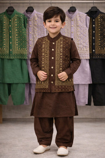 Embroidery Traditional suits 3 pcs ( 2-8 Y ) Brown Wooden