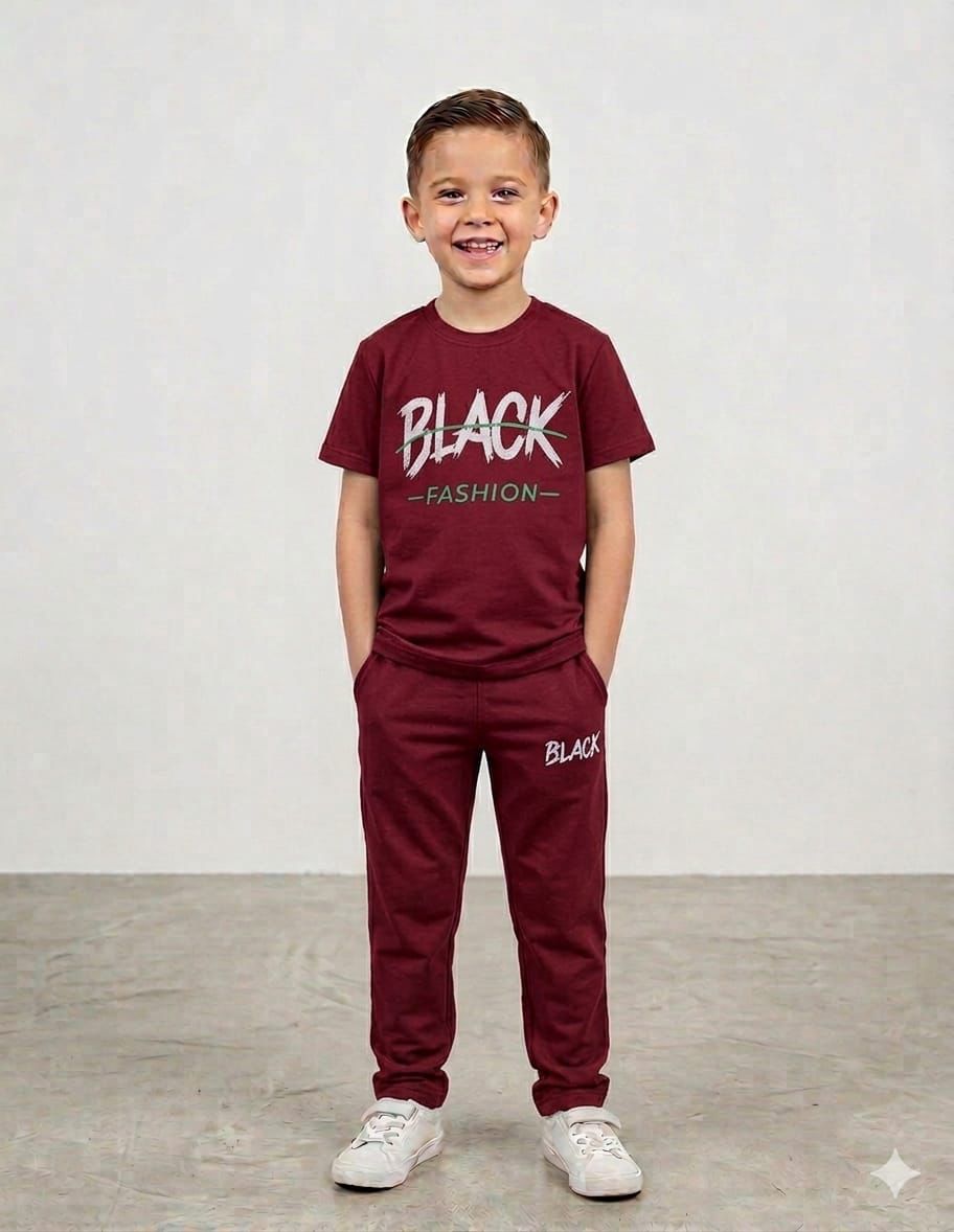 Boys Black Design Maroonish Half Sleeves Summer Tracksuit