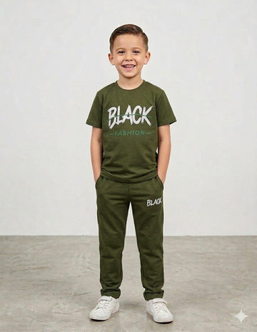 Boys Black Design Olive Green Half Sleeves Summer Tracksuit