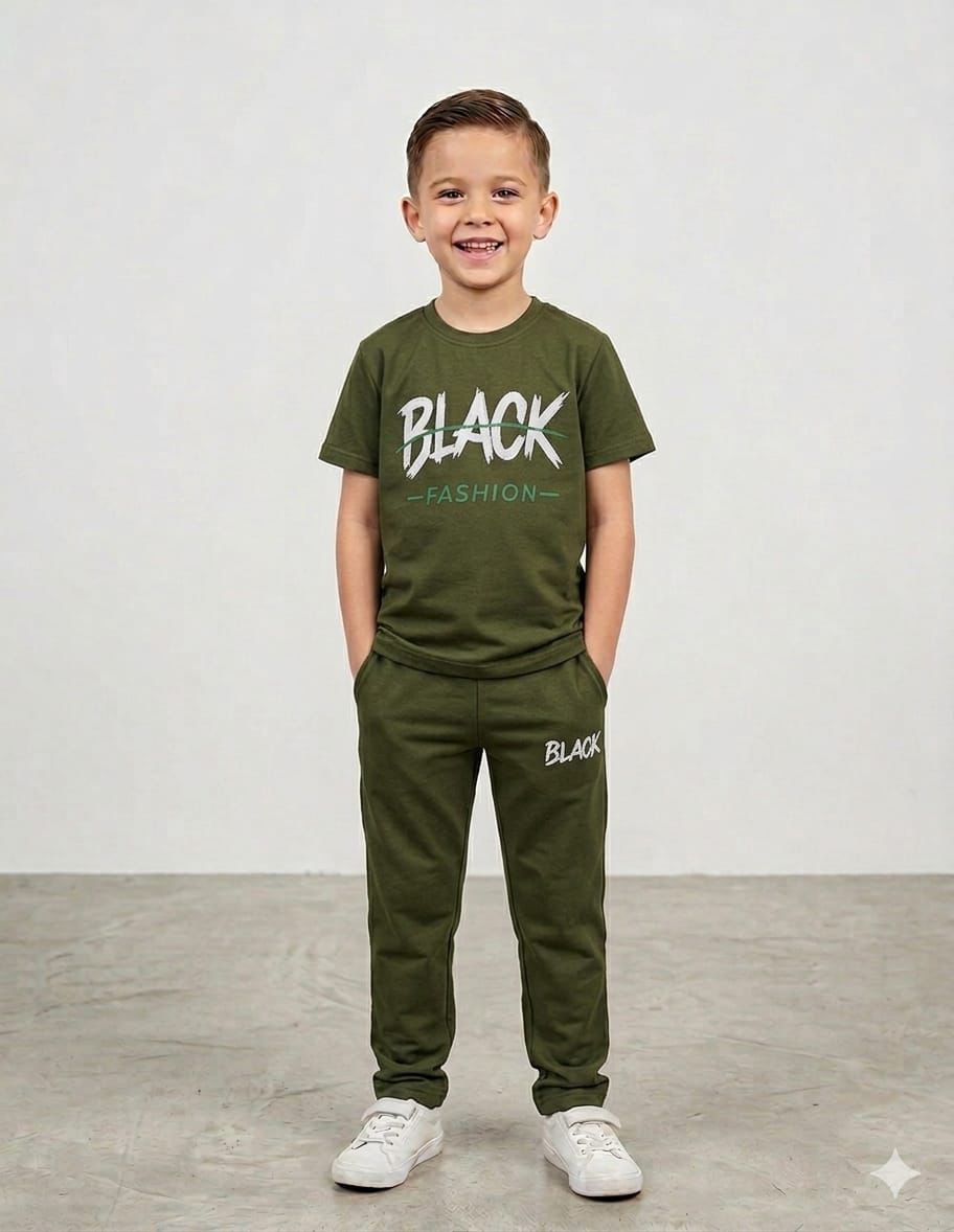 Boys Black Design Olive Green Half Sleeves Summer Tracksuit