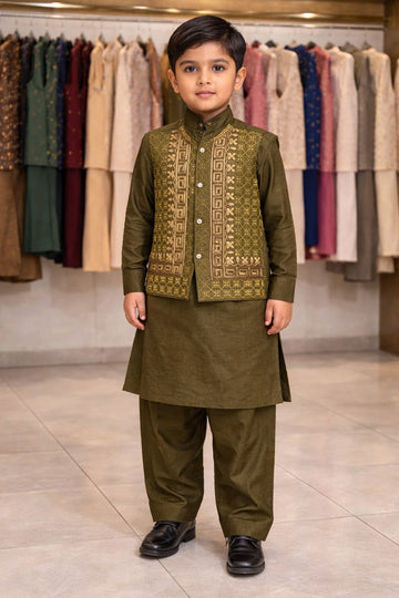 Embroidery Traditional suits 3 pcs ( 4-6 Y ) Mehandi Colour
