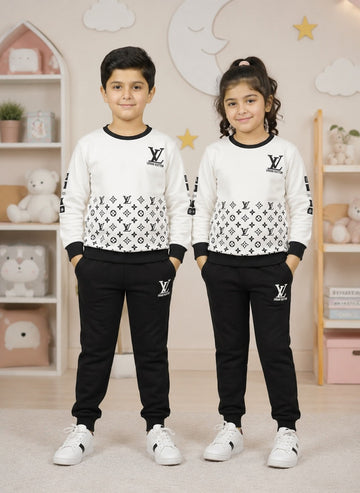 Uni Imported Fleece winter Tracksuit LVV  WHT-BLK