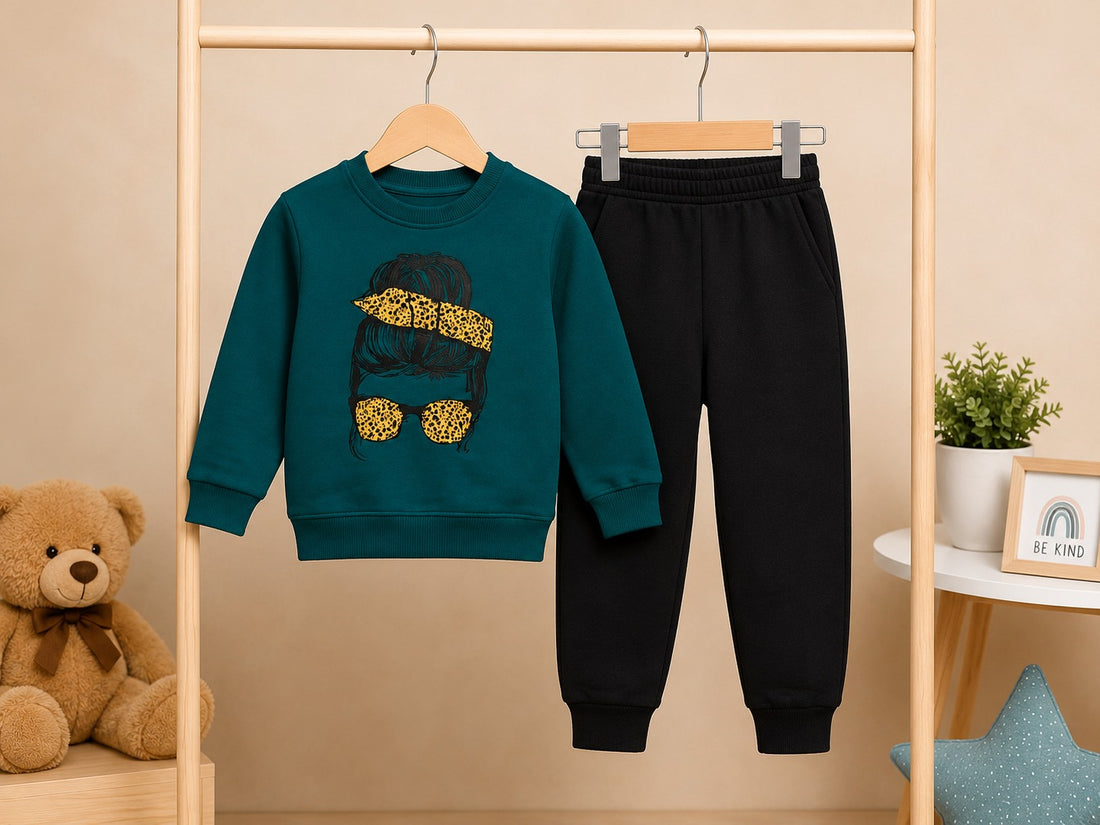 Stylish Girl design Fleece Winter Tracksuit - DRK-GRN