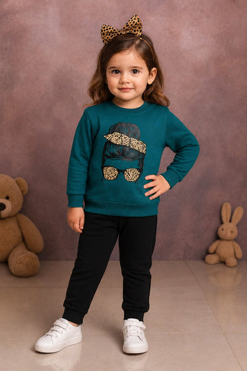 Stylish Girl design Fleece Winter Tracksuit - DRK-GRN